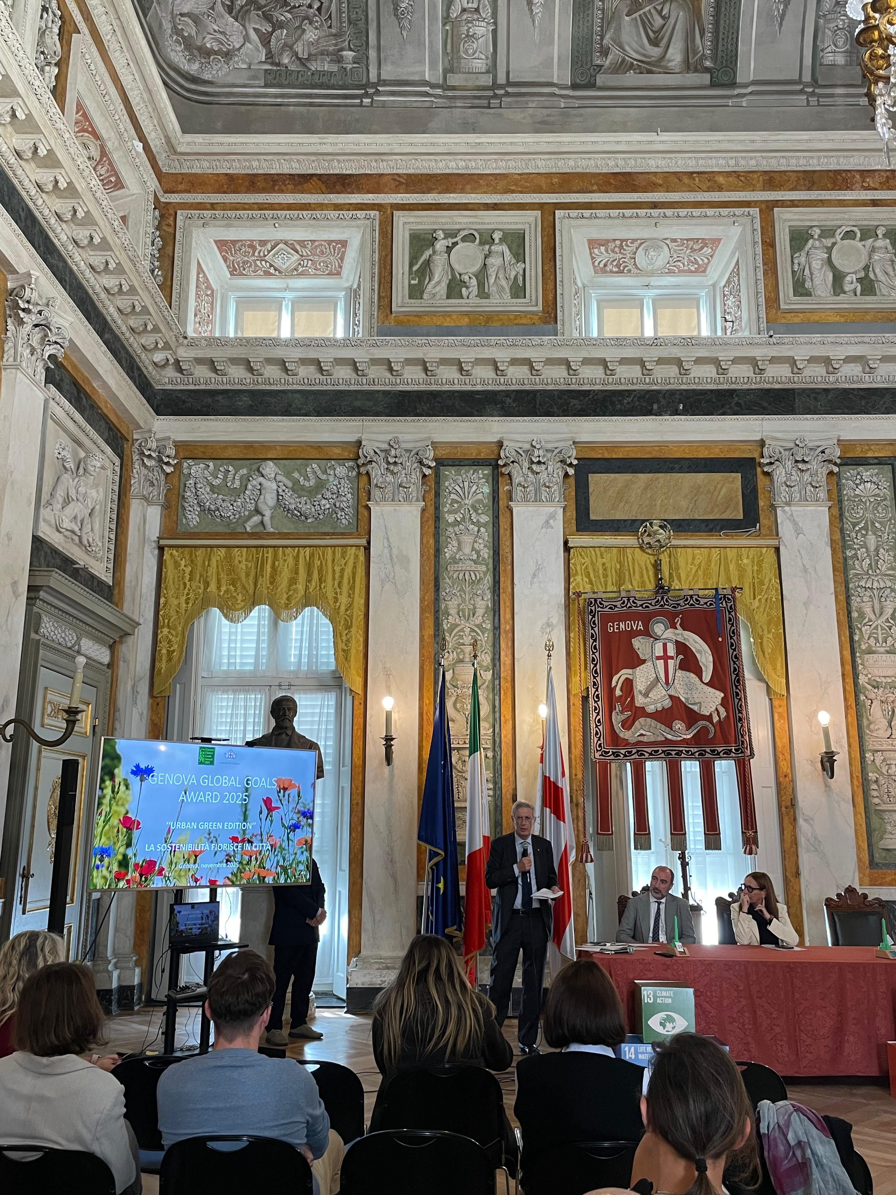 Photo of institutional speakers at the official presentation of the ‘Genova Global Goals Award 2025’ project