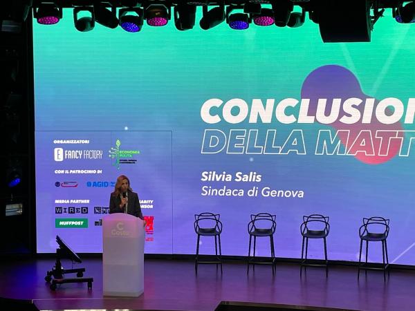 The Mayor of Genoa Silvia Salis on stage aboard the Costa Toscana during the Be Digital event.
