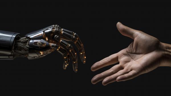 Human hand moving towards a robotic hand 